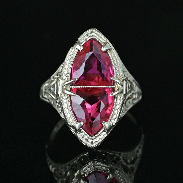 Art Deco 14K White Gold Filigree Trillion Ruby Ring - Boylerpf