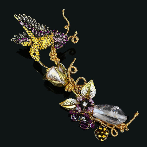 Mindy Lam Hummingbird Brooch Signed Crystal Gold Filled Pin
