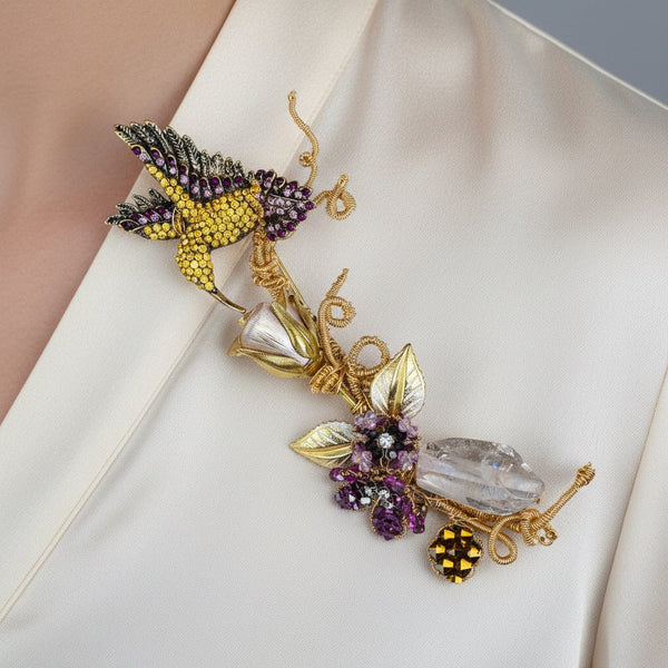 Mindy Lam Hummingbird Brooch Signed Crystal Gold Filled Pin