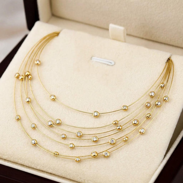 Vintage 18K Gold Floating Diamond Bib Collar Necklace