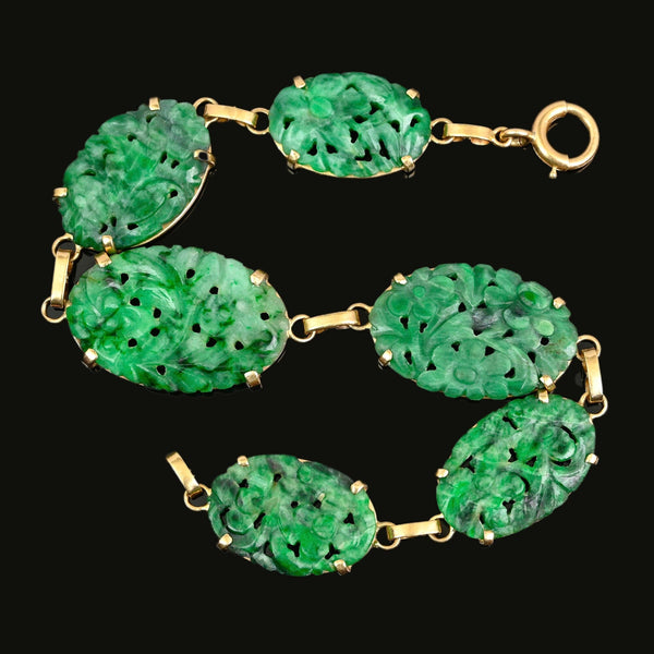Art Deco 14K Gold Natural Jadeite Jade Bracelet, Circa 1920 - Boylerpf