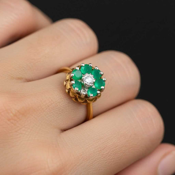 Vintage Emerald Diamond Thistle Ring 14K Gold Halo Floral - Boylerpf