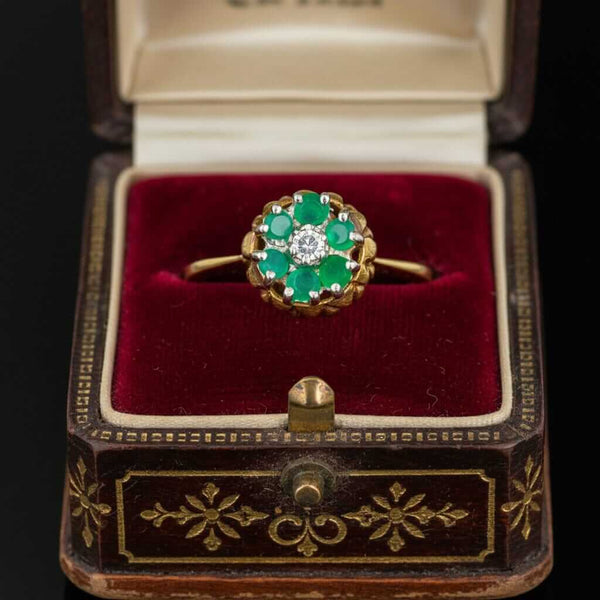 Vintage Emerald Diamond Thistle Ring 14K Gold Halo Floral - Boylerpf