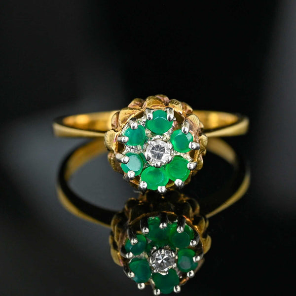 Vintage Emerald Diamond Thistle Ring 14K Gold Halo Floral - Boylerpf