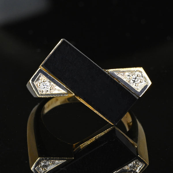 Vintage Heavy 14K Gold Diamond Rectangle Black Onyx Ring - Boylerpf