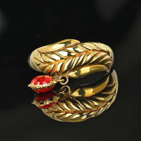 14K Gold Leaf Red Enamel Ladybug Charm Ring - Boylerpf