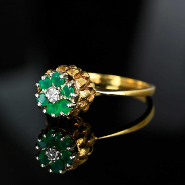 Vintage Emerald Diamond Thistle Ring 14K Gold Halo Floral - Boylerpf