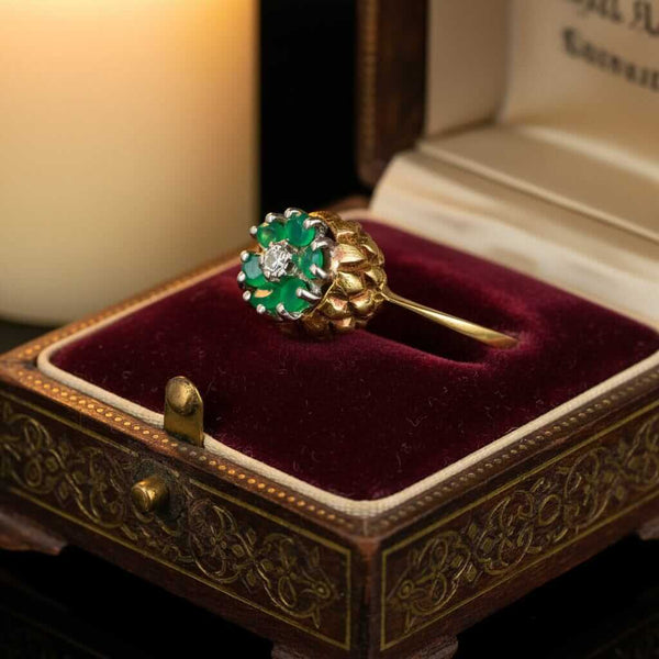 Vintage Emerald Diamond Thistle Ring 14K Gold Halo Floral - Boylerpf