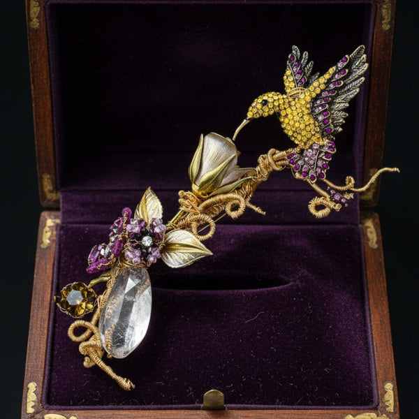 Mindy Lam Hummingbird Brooch Signed Crystal Gold Filled Pin