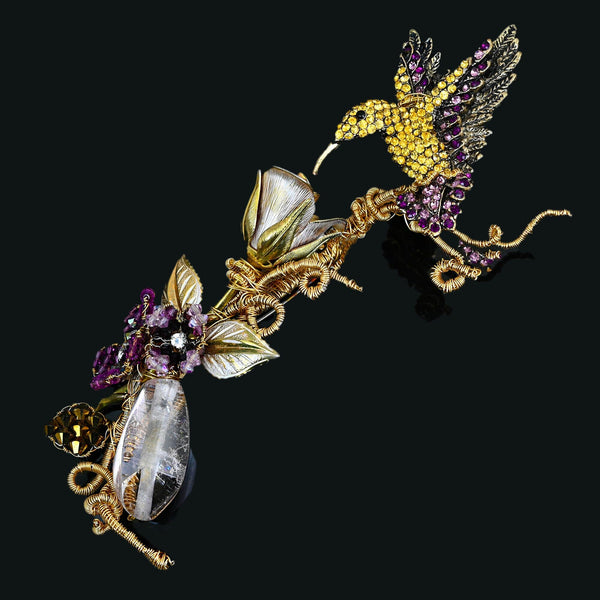 Mindy Lam Hummingbird Brooch Signed Crystal Gold Filled Pin