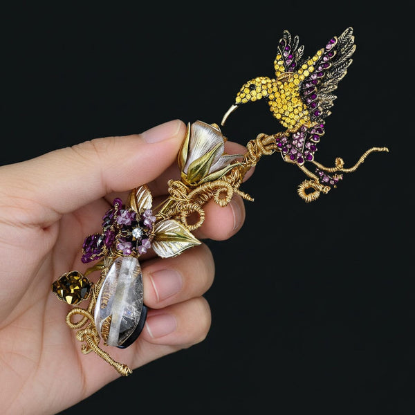 Mindy Lam Hummingbird Brooch Signed Crystal Gold Filled Pin