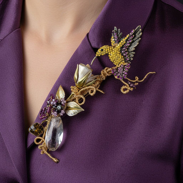 Mindy Lam Hummingbird Brooch Signed Crystal Gold Filled Pin