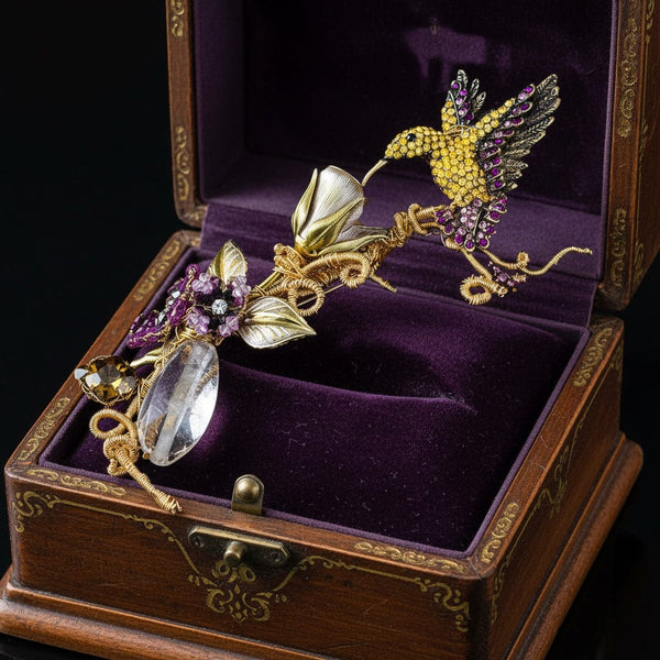 Mindy Lam Hummingbird Brooch Signed Crystal Gold Filled Pin