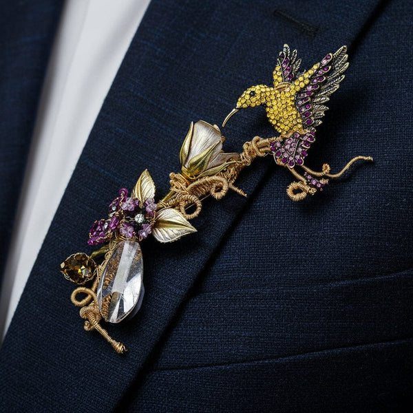 Mindy Lam Hummingbird Brooch Signed Crystal Gold Filled Pin