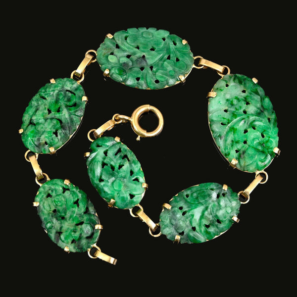 Art Deco 14K Gold Natural Jadeite Jade Bracelet, Circa 1920 - Boylerpf