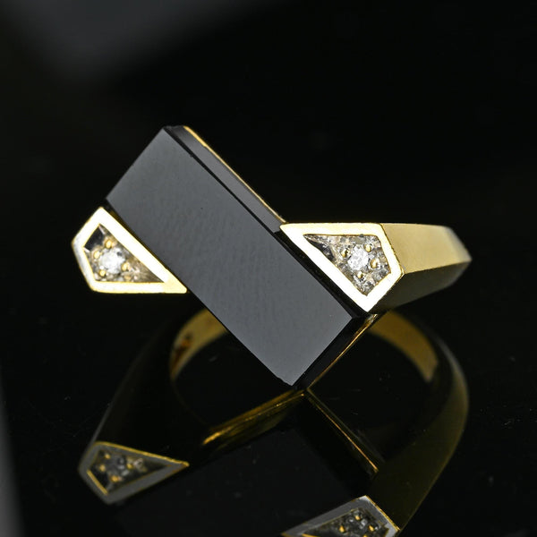 Vintage Heavy 14K Gold Diamond Rectangle Black Onyx Ring - Boylerpf