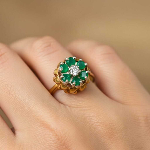 Vintage Emerald Diamond Thistle Ring 14K Gold Halo Floral - Boylerpf