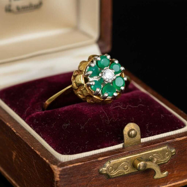 Vintage Emerald Diamond Thistle Ring 14K Gold Halo Floral - Boylerpf