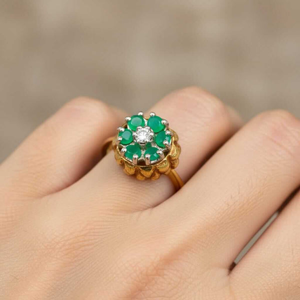 Vintage Emerald Diamond Thistle Ring 14K Gold Halo Floral - Boylerpf