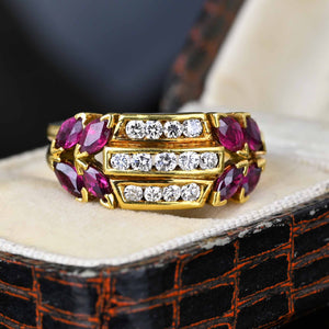 18K Gold Three Row Diamond Marquise Ruby Ring, 1940s - Boylerpf