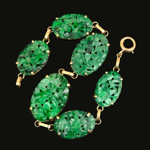 Art Deco 14K Gold Natural Jadeite Jade Bracelet, Circa 1920 - Boylerpf
