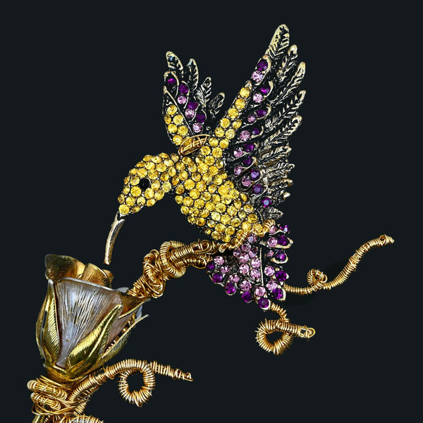 Mindy Lam Hummingbird Brooch Signed Crystal Gold Filled Pin