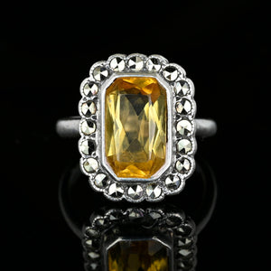 Vintage Silver Marcasite Yellow Citrine Ring - Boylerpf