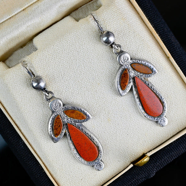 Antique Silver Scottish Agate Pebble Dangle Earrings - Boylerpf