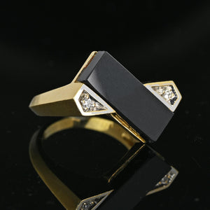 Vintage Heavy 14K Gold Diamond Rectangle Black Onyx Ring - Boylerpf