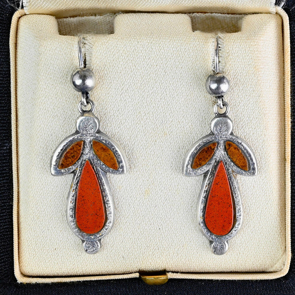 Antique Silver Scottish Agate Pebble Dangle Earrings - Boylerpf