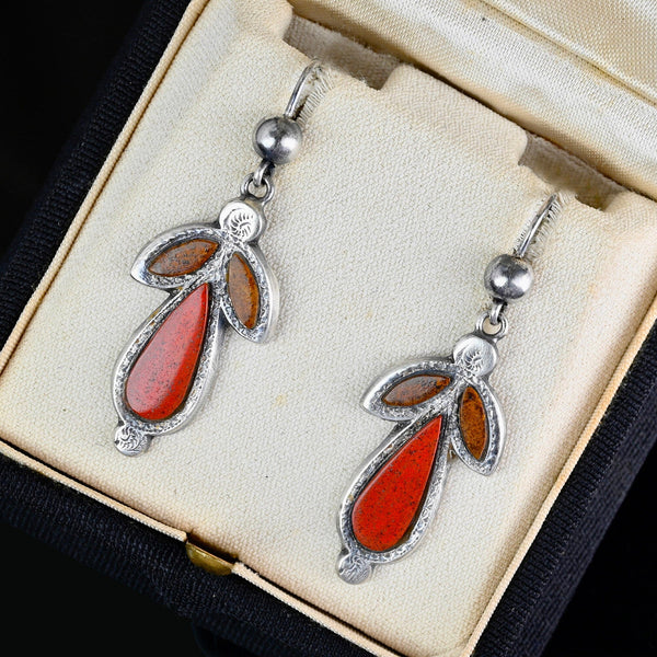 Antique Silver Scottish Agate Pebble Dangle Earrings - Boylerpf