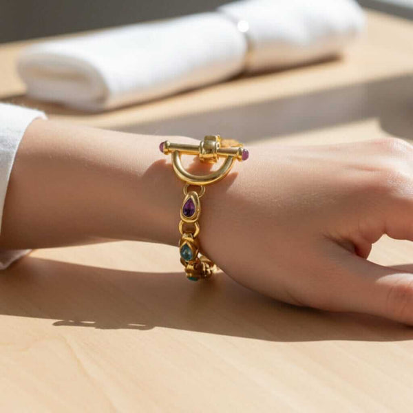 Italian 14K Gold Multi Gem Bracelet Ruby Amethyst Topaz Gems - Boylerpf