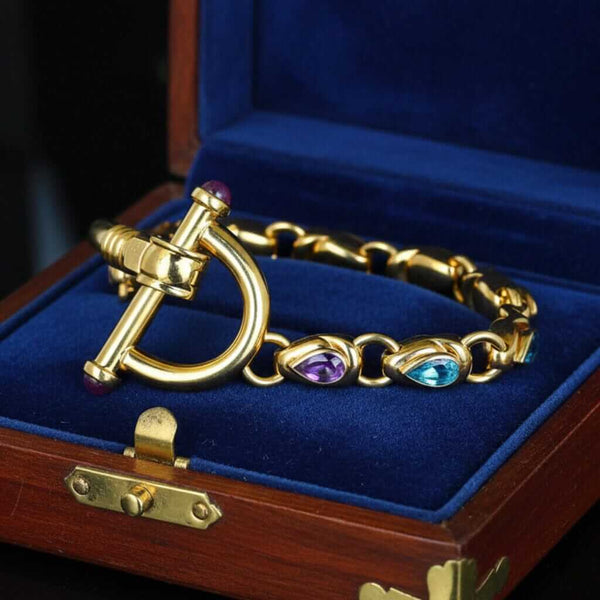 Italian 14K Gold Multi Gem Bracelet Ruby Amethyst Topaz Gems - Boylerpf