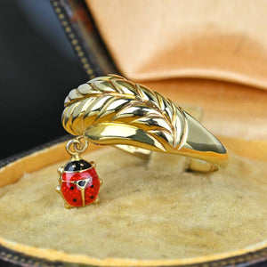 14K Gold Leaf Red Enamel Ladybug Charm Ring | Boylerpf