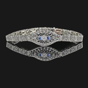 Art Deco 14K White Gold Filigree Sapphire Diamond Bracelet - Boylerpf