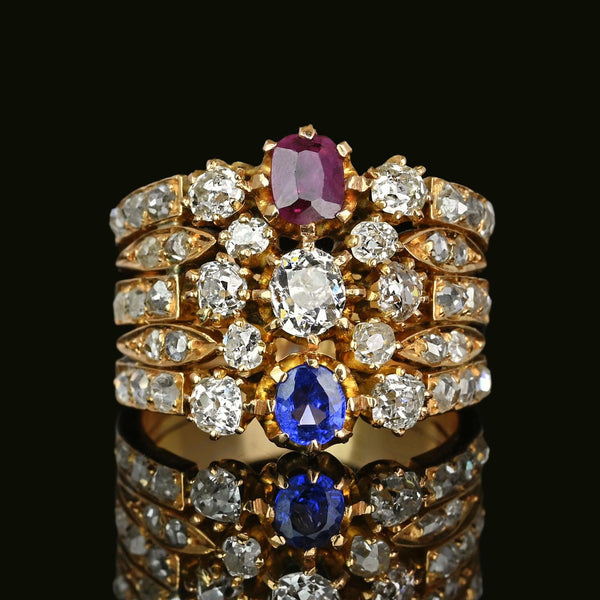 Antique 18K Gold Mine Cut Diamond Ruby Sapphire Ring - Boylerpf