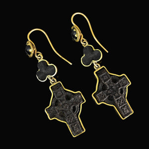 Antique Irish Bog Oak Clover Celtic Cross Dangle Earrings - Boylerpf
