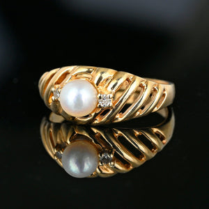 Vintage 10K Gold Shrimp Style Diamond Pearl Solitaire Ring - Boylerpf