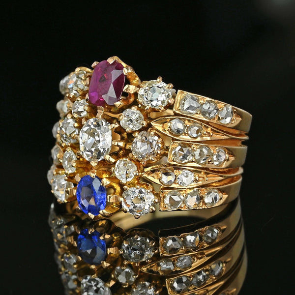 Antique 18K Gold Mine Cut Diamond Ruby Sapphire Ring - Boylerpf