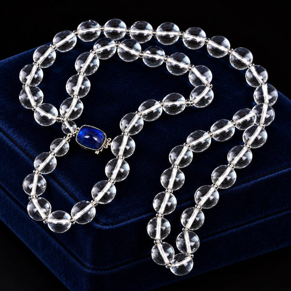 Art Deco Rock Crystal Quartz Bead Necklace Blue Cabochon - Boylerpf