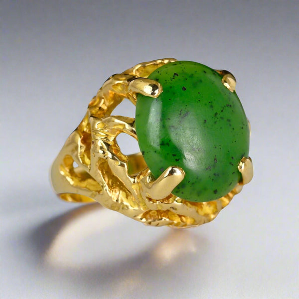 Vintage Heavy 18K Gold Brutalist Jade Ring - Boylerpf