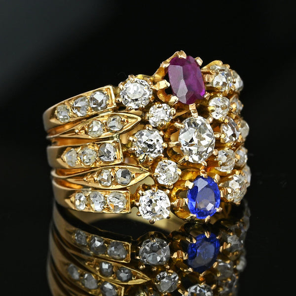 Antique 18K Gold Mine Cut Diamond Ruby Sapphire Ring - Boylerpf