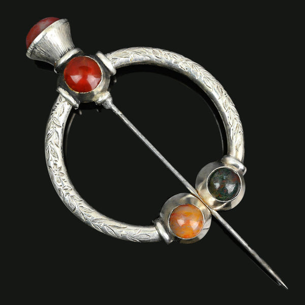 Antique Silver Scottish Agate Penannular Brooch Kilt Pin - Boylerpf