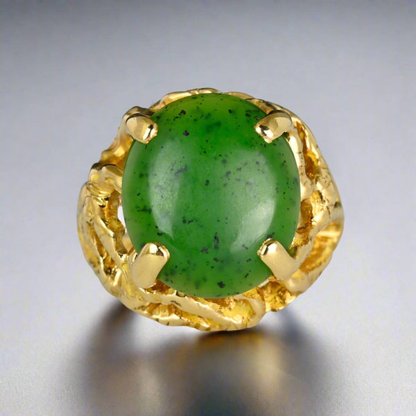 Vintage Heavy 18K Gold Brutalist Jade Ring - Boylerpf