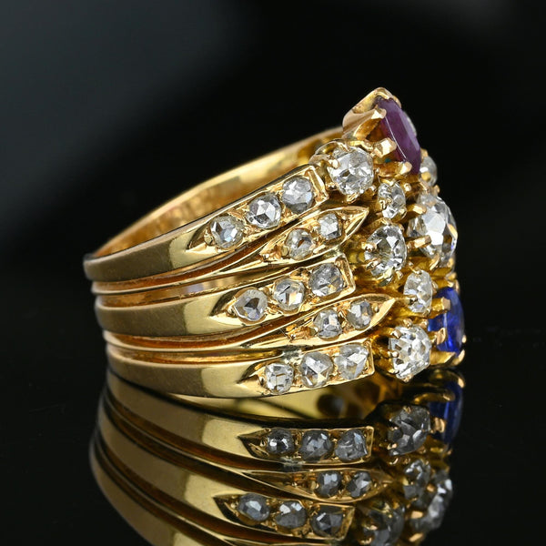 Antique 18K Gold Mine Cut Diamond Ruby Sapphire Ring - Boylerpf