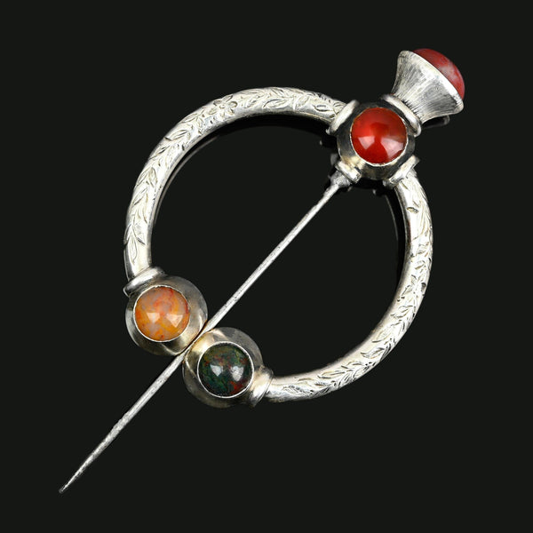 Antique Silver Scottish Agate Penannular Brooch Kilt Pin - Boylerpf