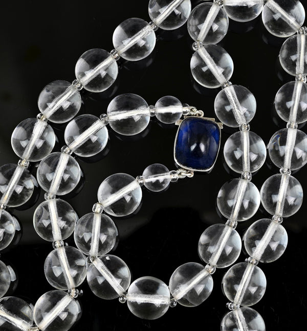 Art Deco Rock Crystal Quartz Bead Necklace Blue Cabochon - Boylerpf