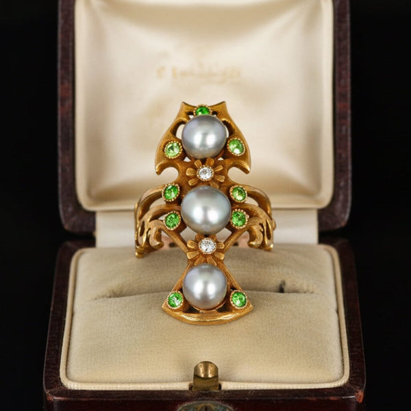 Antique Art Nouveau Pearl Demantoid Garnet Diamond Ring 14K Gold