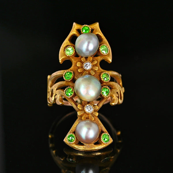 Antique Art Nouveau Pearl Demantoid Garnet Diamond Ring 14K Gold