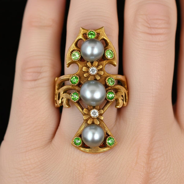 Antique Art Nouveau Pearl Demantoid Garnet Diamond Ring 14K Gold